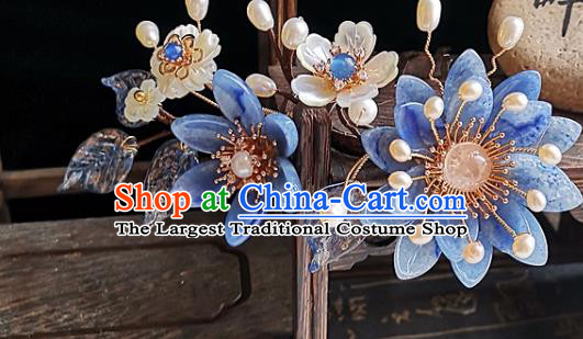 China Ming Dynasty Blue Daisy Hair Comb Traditional Hanfu Hair Accessories Handmade Ancient Palace Lady Shell Flower Hairpin