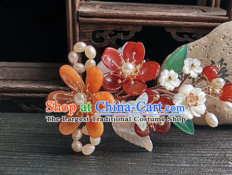 China Ming Dynasty Agate Flowers Hair Comb Traditional Hanfu Hair Accessories Handmade Ancient Imperial Concubine Shell Butterfly Hairpin