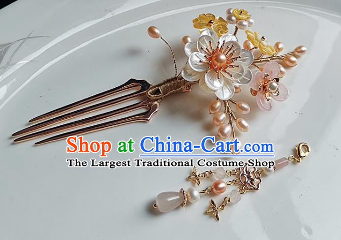 China Ming Dynasty Shell Peony Tassel Hair Comb Traditional Hanfu Hair Accessories Handmade Ancient Princess Pearls Hairpin