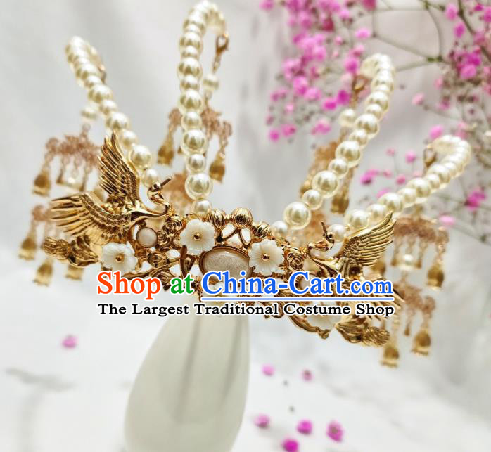 China Ming Dynasty Golden Cranes Hair Crown Traditional Hanfu Wedding Hair Accessories Handmade Ancient Princess Pearls Hairpin