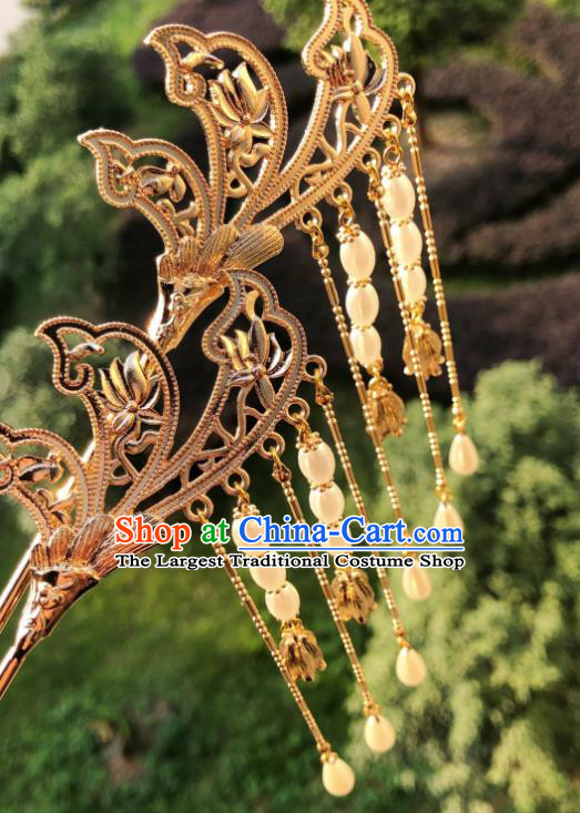 China Tang Dynasty Court Lady Golden Hair Stick Traditional Hanfu Hair Accessories Handmade Ancient Princess Tassel Hairpin