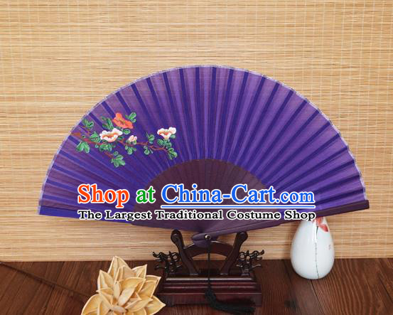 Handmade China Classical Suzhou Purple Silk Accordion Printing Flowers Fan Traditional Folding Fans Bamboo Fan