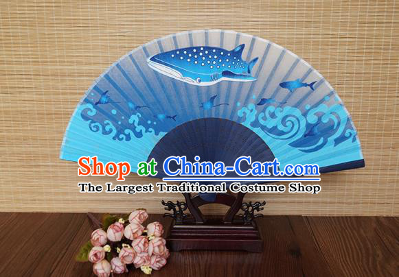 Handmade China Blue Bamboo Fan Classical Silk Accordion Printing Whale Fan Traditional Folding Fans