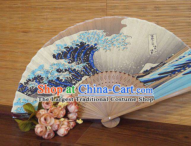 China Carving Bamboo Fan Classical Silk Accordion Handmade Printing Wave Fan Traditional Folding Fans