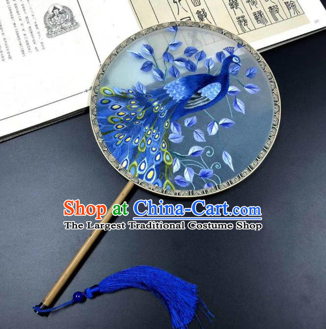 China Handmade Double Side Suzhou Embroidered Peacock Fan Traditional Blue Silk Fans Cheongsam Dance Circular Fan Classical Palace Fan