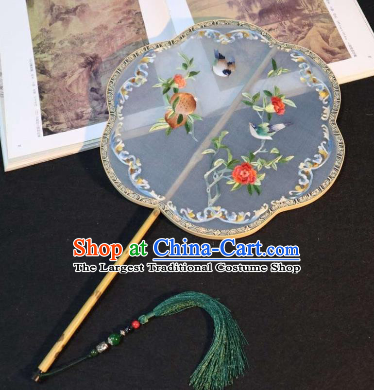 China Classical Dance Fans Traditional Ming Dynasty Hanfu Fan Embroidered Peach Palace Fan Handmade Double Side Blue Silk Fan