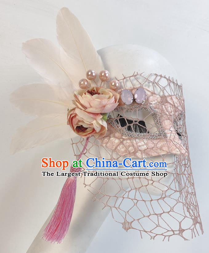 Handmade Pink Peony Face Mask Halloween Stage Performance Deluxe Headpiece Cosplay Party Feather Mask