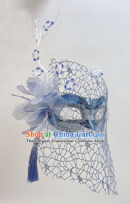 Handmade Cosplay Party Branch Mask Blue Silk Flower Face Mask Halloween Stage Performance Deluxe Headpiece