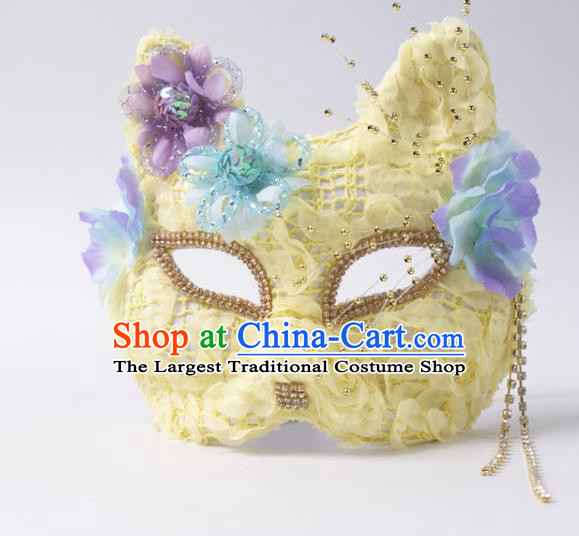 Halloween Stage Performance Headpiece Cosplay Party Yellow Lace Mask Handmade Deluxe Fox Face Mask