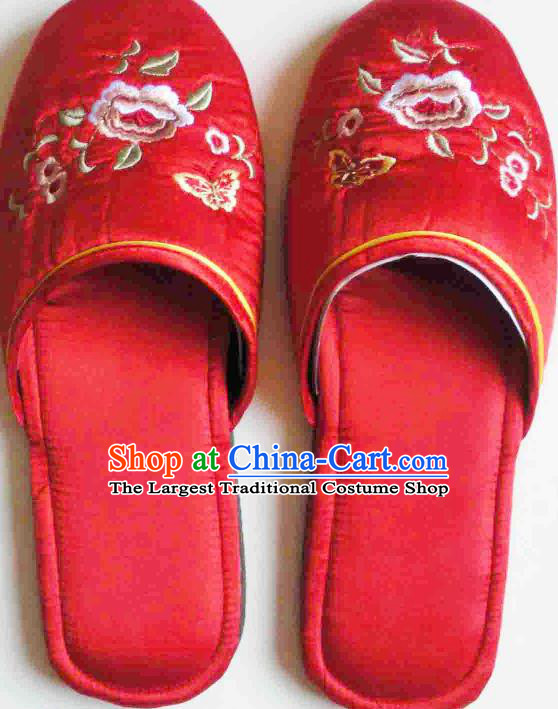 Chinese Wedding Bride Shoes Footwear Handmade Red Satin Shoes Embroidery Flower Butterfly Slippers