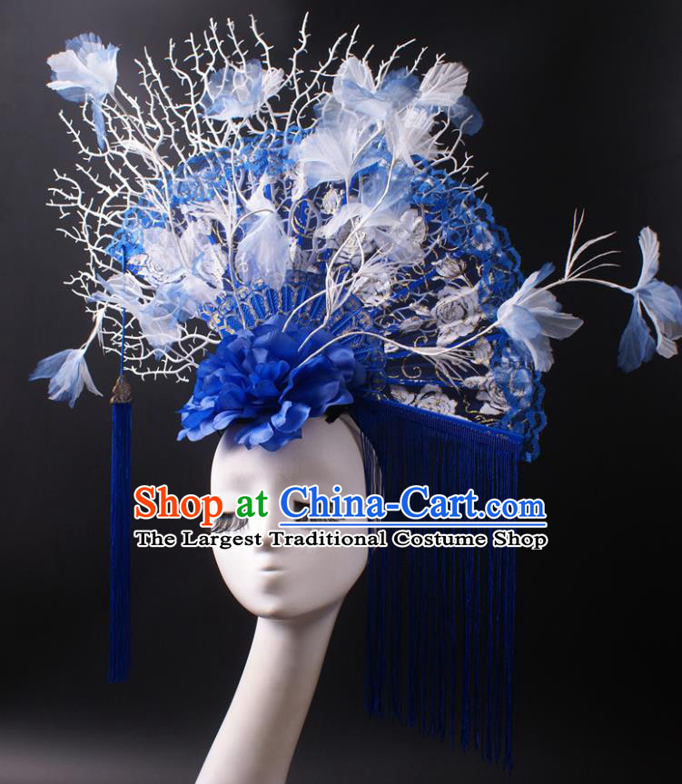 China Catwalks Tassel Hair Crown Giant Blue Lace Fan Hair Accessories Stage Show Headdress