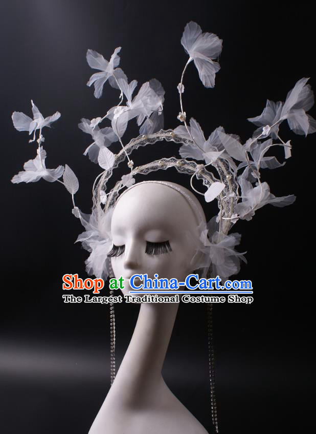 Top Baroque Giant Headdress Rio Carnival Decorations Halloween Cosplay Hair Accessories Stage Show White Silk Flowers Hair Crown