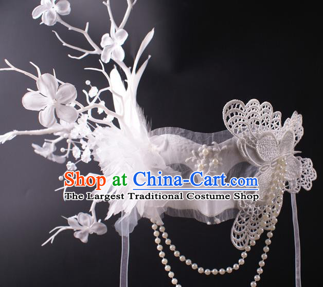 Halloween Stage Performance Headpiece Cosplay Party Deluxe Lace Butterfly Mask Handmade White Feather Face Mask