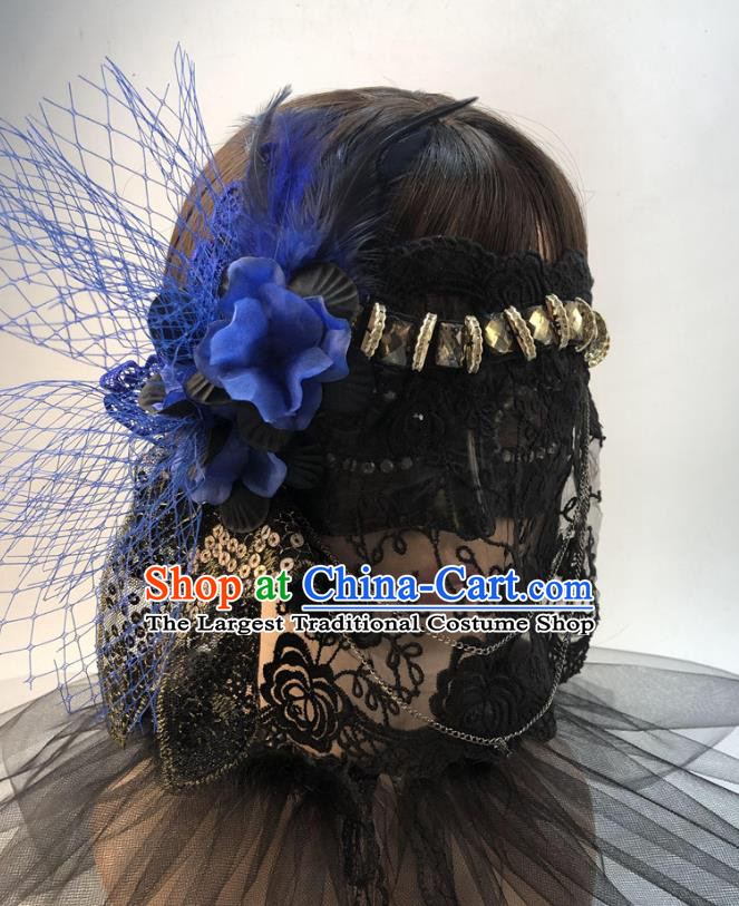 Stage Performance Headpiece Cosplay Party Veil Mask Halloween Handmade Blue Flower Face Mask