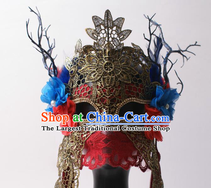 Handmade Stage Performance Blinder Headpiece Halloween Cosplay Party Red Lace Mask Carnival Flower Branch Full Face Mask