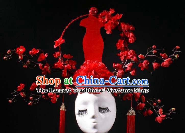 China Catwalks Red Qipao Dress Hair Crown Giant Hair Accessories Stage Show Headdress