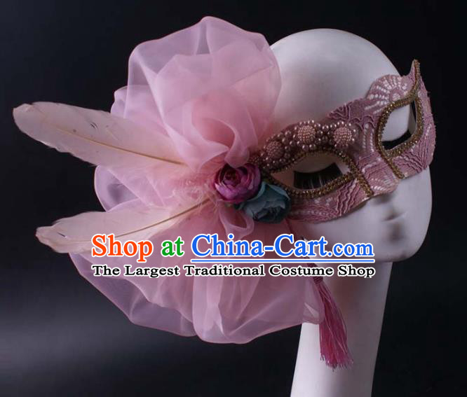 Handmade Carnival Veil Face Mask Stage Performance Blinder Headpiece Halloween Cosplay Party Pink Feather Mask