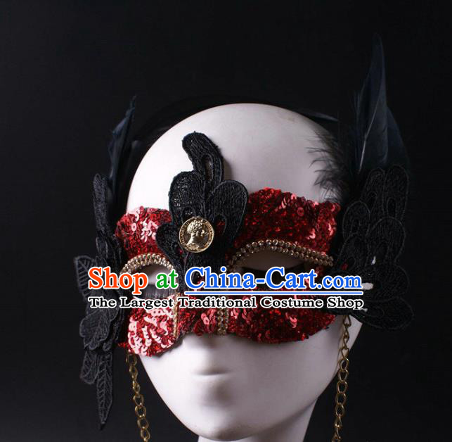 Handmade Halloween Cosplay Party Red Sequins Mask Carnival Black Feather Face Mask Stage Performance Blinder Headpiece