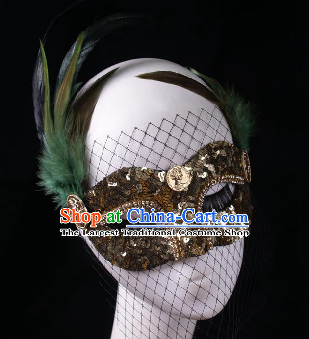 Handmade Stage Performance Blinder Headpiece Halloween Cosplay Party Golden Sequins Mask Carnival Green Feather Face Mask