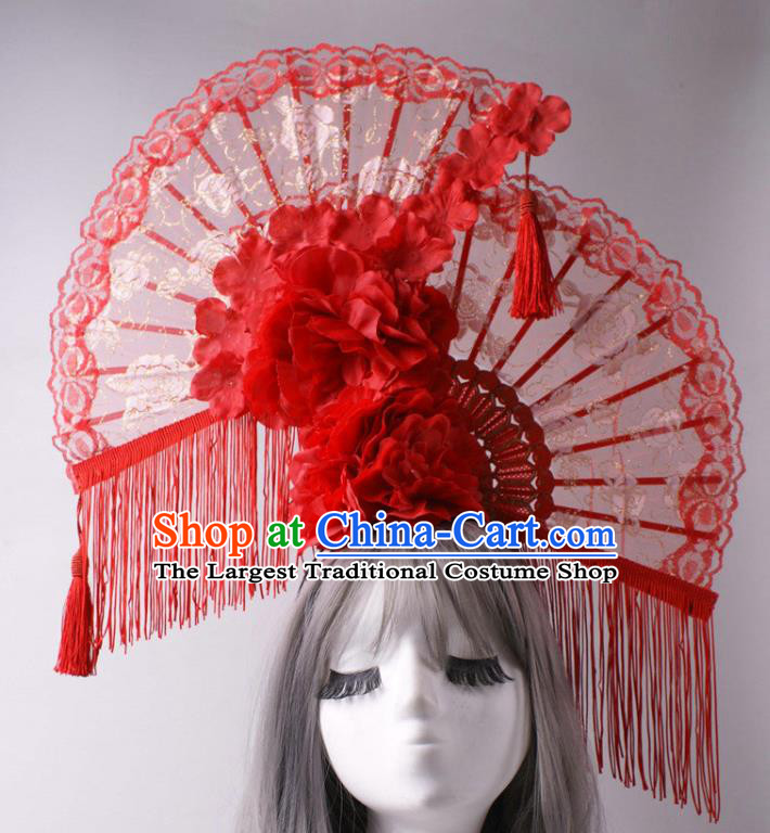 China Stage Show Red Lace Fan Headdress Catwalks Peony Tassel Hair Crown Traditional Wedding Giant Hair Accessories