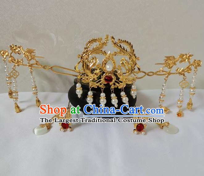 China Ancient Princess Golden Phoenix Hair Crown Ming Dynasty Palace Lady Hairpins Traditional Hanfu Hair Accessories Full Set