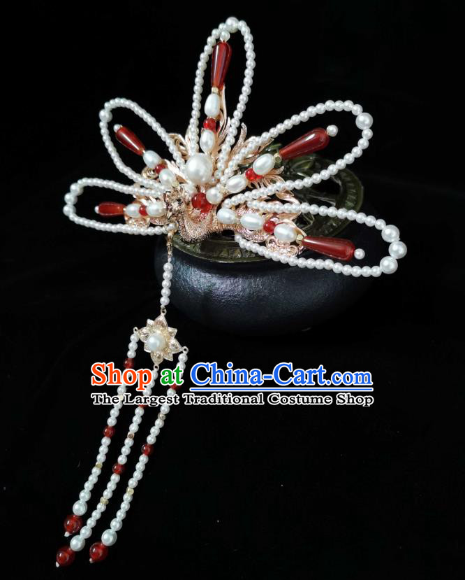 China Traditional Hanfu Headwear Ancient Queen Tassel Hairpin Ming Dynasty Empress Pearls Phoenix Hair Crown