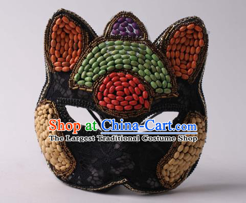 Handmade Carnival Colorful Beads Full Face Mask Stage Show Headpiece Halloween Cosplay Party Woman Black Lace Cat Mask