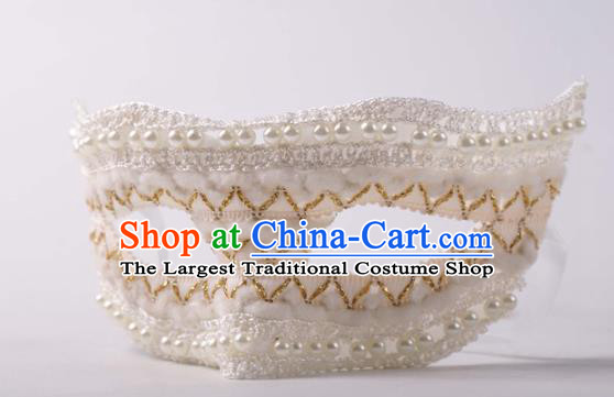 Handmade Halloween Cosplay Party Woman White Lace Mask Carnival Pearls Face Mask Stage Show Headpiece