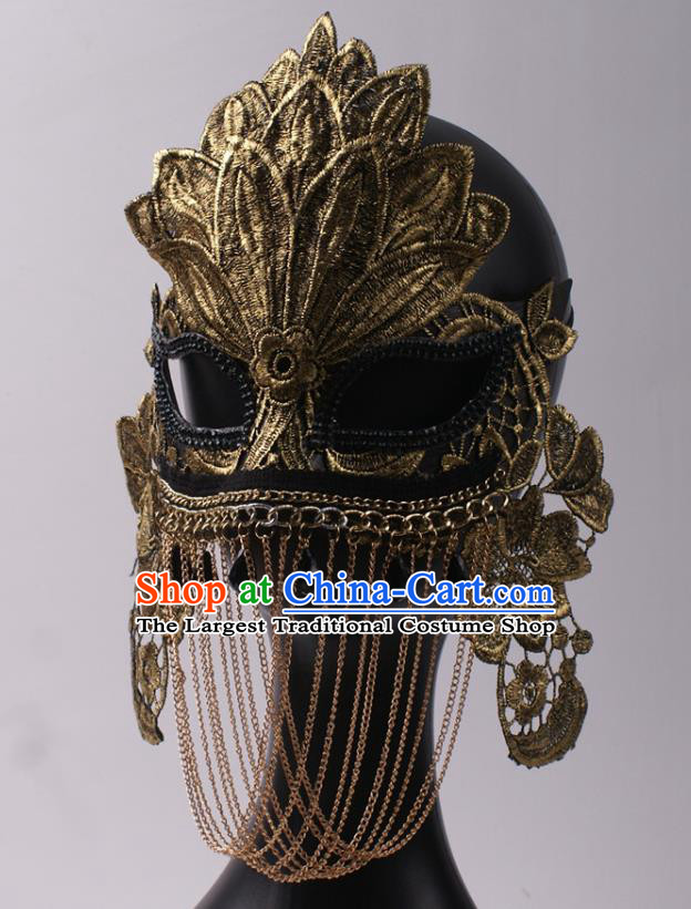 Professional Stage Performance Chain Tassel Full Face Mask Rio Carnival Headwear Halloween Party Male Cosplay Golden Lace Leaf Mask