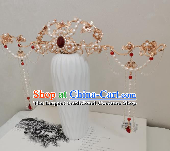 China Ancient Queen Hair Accessories Traditional Ming Dynasty Empress Pearls Hair Crown and Tassel Hairpins