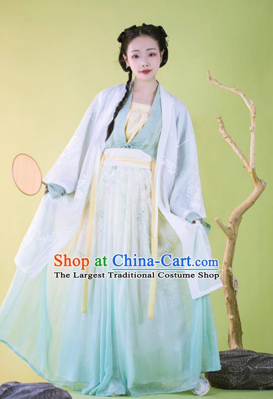 Traditional China Song Dynasty Young Beauty Historical Clothing Ancient Nobility Lady Blue Hanfu Dress Garments