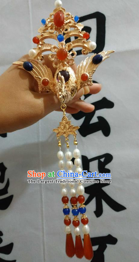 China Ancient Queen Golden Phoenix Hairpin Traditional Hanfu Hair Accessories Ming Dynasty Empress Tassel Hair Crown