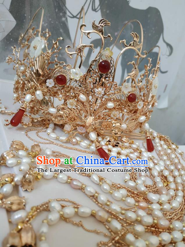 China Ancient Empress Golden Hair Crown Traditional Hanfu Hair Accessories Ming Dynasty Pearls Tassel Phoenix Coronet