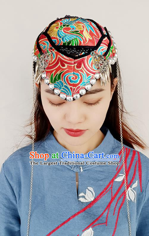 China Yunnan Minority Woman Embroidered Hair Clasp Handmade Silver Tassel Red Hat Ethnic Folk Dance Hair Accessories