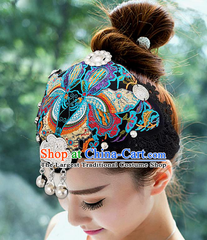 China Silver Tassel Hair Accessories Handmade Ethnic Folk Dance Headband Yunnan Minority Woman Embroidered Butterfly Hat