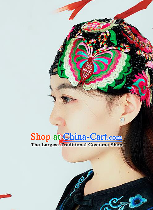 China Ethnic Knitted Hat Headwear Handmade Folk Dance Headband Yunnan Minority Woman Embroidered Butterfly Hair Clasp