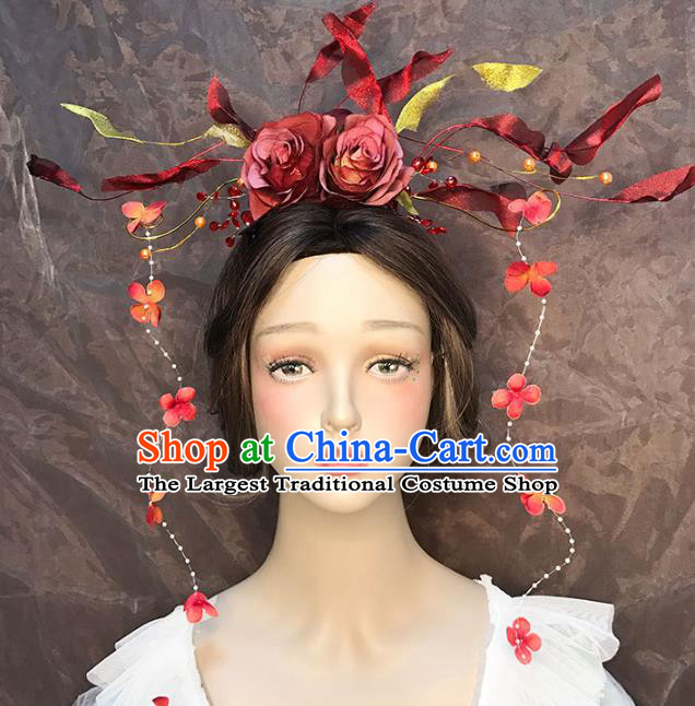 Top Stage Show Red Rose Hair Crown Catwalks Headdress Baroque Bride Hair Accessories