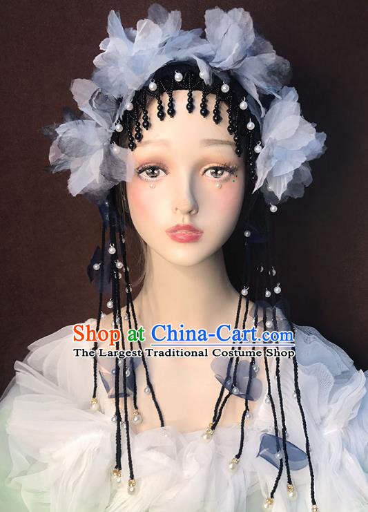 Top Catwalks Tassel Headdress Baroque Bride Black Hair Clasp Stage Show Silk Flowers Hat