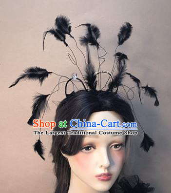 Top Baroque Bride Black Feather Hair Crown Stage Show Giant Headdress Catwalks Hair Accessories Cosplay Goddess Hair Clasp