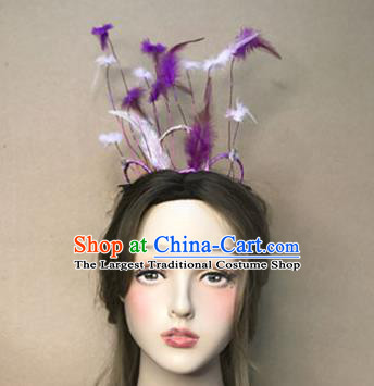 Top Stage Show Headdress Catwalks Hair Accessories Cosplay Fairy Hair Clasp Baroque Bride Purple Feather Hair Crown