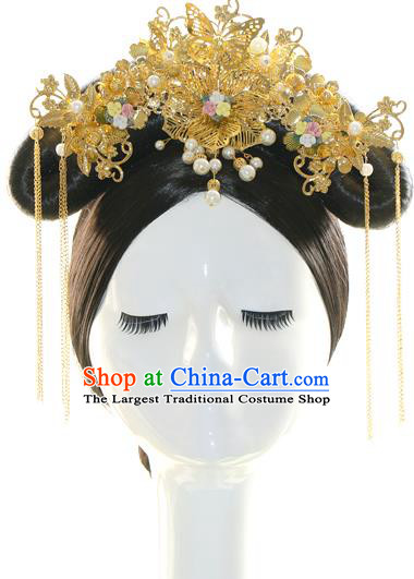 Chinese Qing Dynasty Princess Consort Wigs Sheath Ancient Manchu Lady Hair Chignon Drama Jade Palace Lock Heart Luo Qingchuan Wedding Hair Accessories