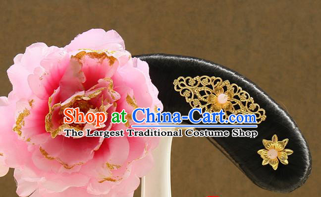 Chinese Ancient Manchu Lady Hair Chignon Drama Jade Palace Lock Heart Pink Peony Hair Accessories Qing Dynasty Princess Wigs Sheath