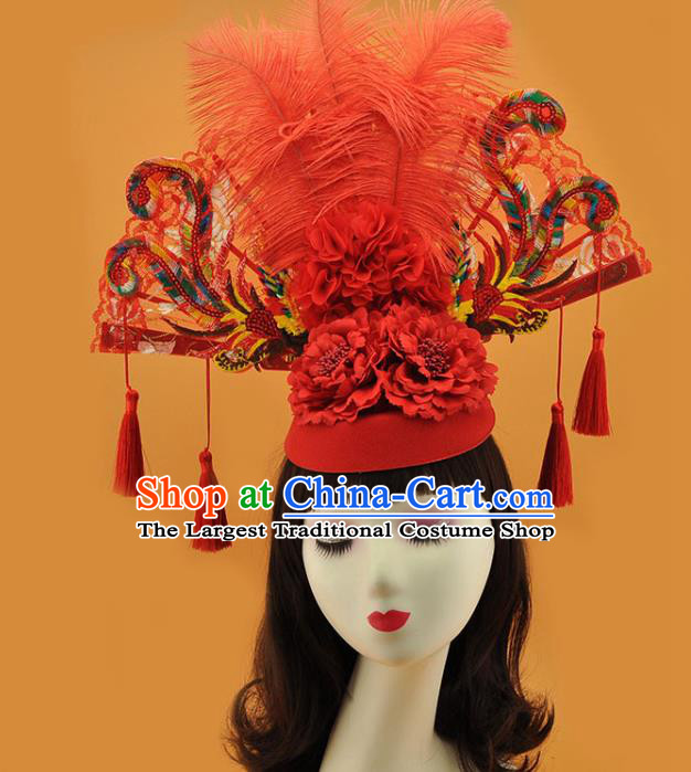 Chinese Catwalks Headdress Stage Show Sequins Phoenix Fan Hair Crown Court Red Feather Hat