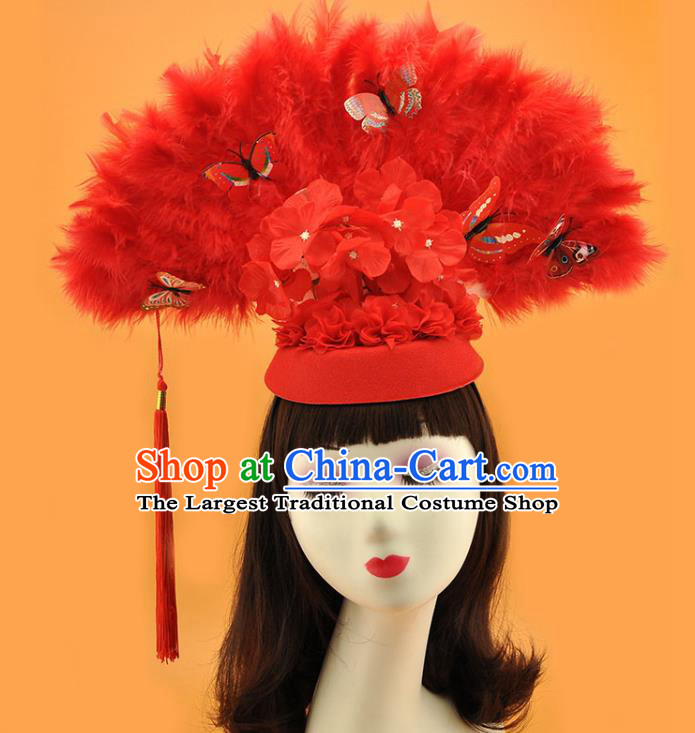 Chinese Catwalks Deluxe Headdress Stage Show Butterfly Tassel Hair Crown Cosplay Court Red Feather Fan Top Hat