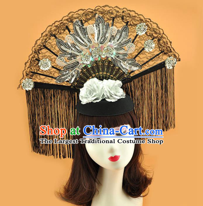 Chinese Catwalks Deluxe Tassel Headdress Stage Show Argent Sequins Hair Crown Cosplay Court Black Lace Fan Top Hat