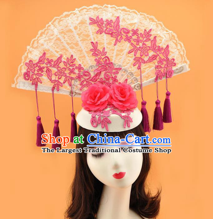 Chinese Catwalks Deluxe Purple Tassel Headdress Stage Show Lace Fan Hair Crown Court Blue and White Porcelain Top Hat