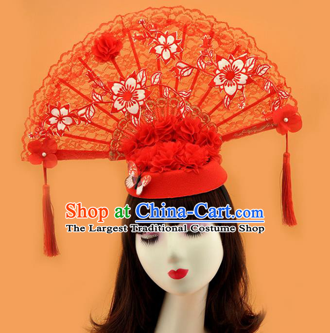 Chinese Stage Show Red Lace Fan Hair Crown Court New Year Top Hat Catwalks Deluxe Tassel Headwear