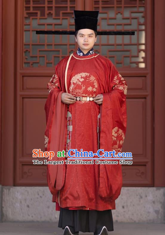 China Song Dynasty Wedding Apparels Traditional Red Hanfu Garments Ancient Official Robe Historical Clothing and Hat