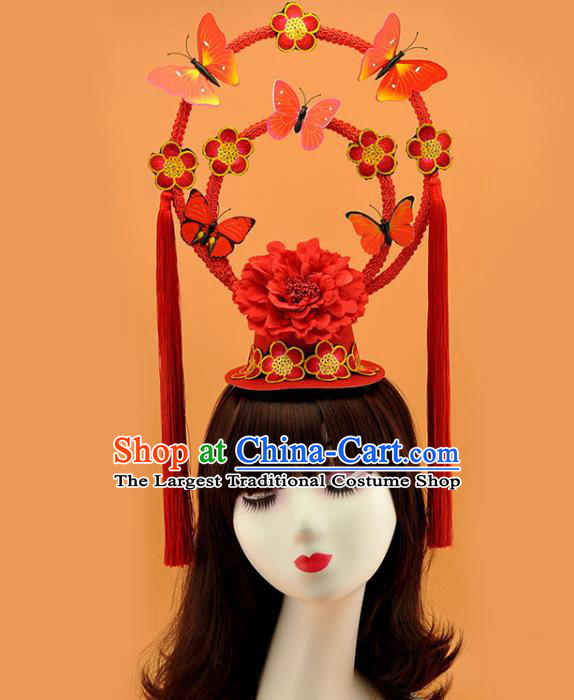 Chinese Court Red Butterfly Top Hat New Year Catwalks Deluxe Headwear Stage Show Hair Crown