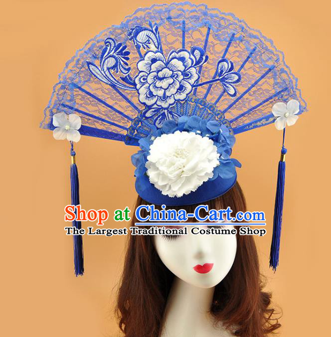 Chinese Traditional Court Blue Lace Fan Top Hat Handmade Qipao Catwalks Deluxe Headpiece Stage Show Embroidered Peony Hair Crown